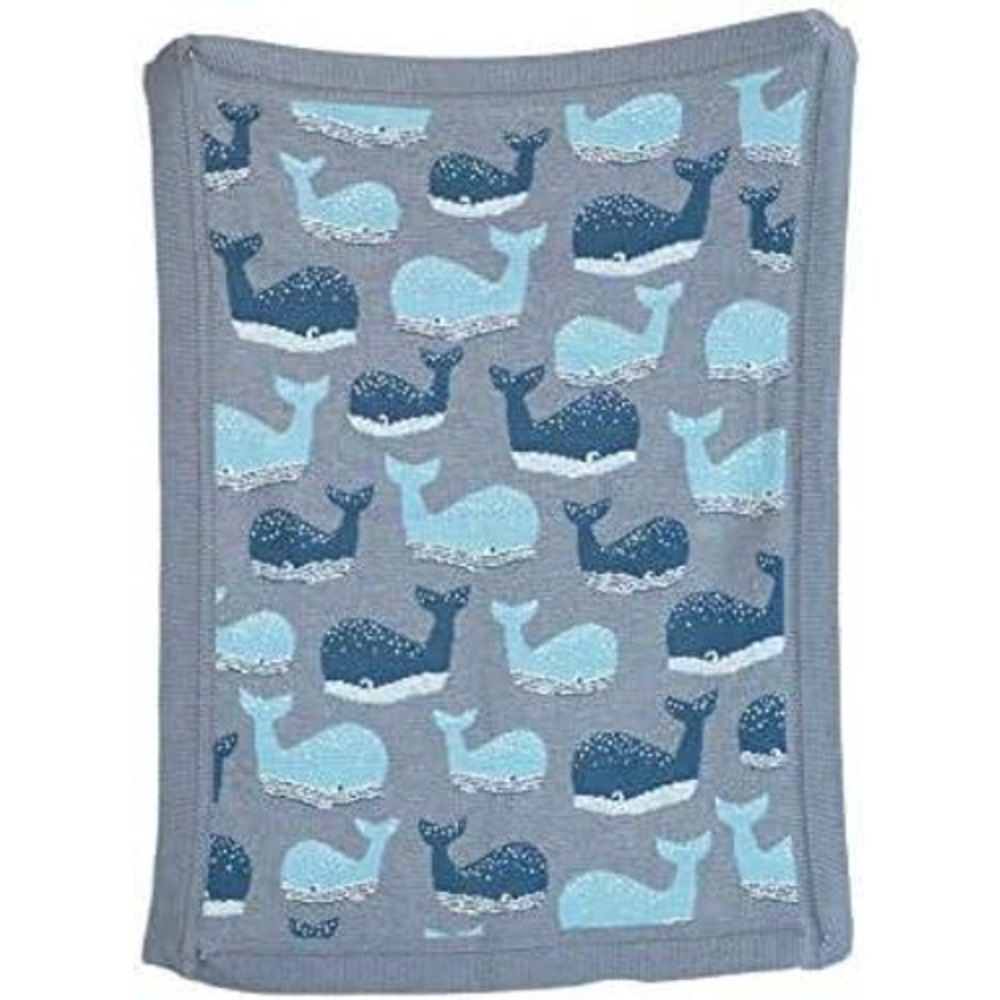 Creative Co-Op Blue Cotton Knit Whale Baby Blanket Blue Gray White Nursey